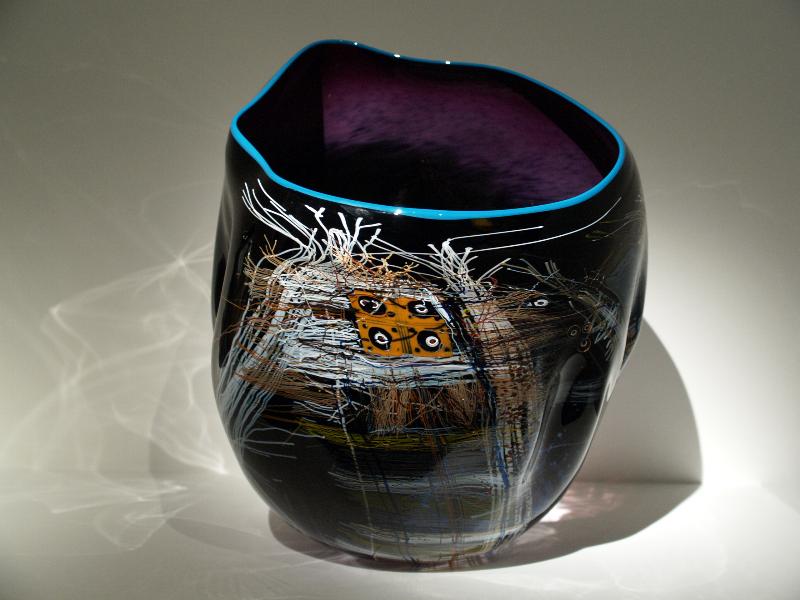 London, England: New Bond Street, Halcyon Gallery: Black Amethyst Soft Cylinder with Turquoise Lip Wrap (glass artist Dale Chihuly)