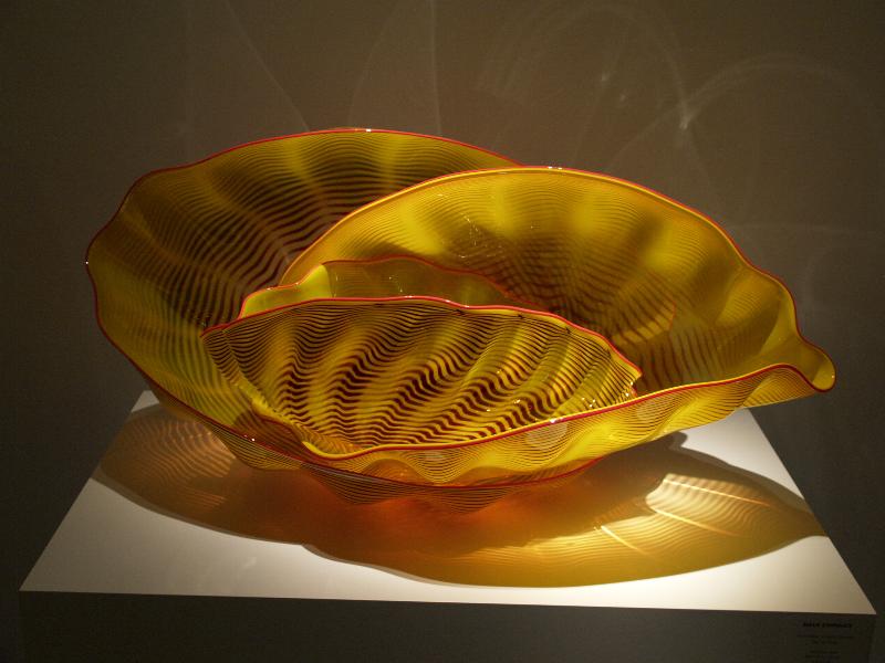 London, England: New Bond Street, Halcyon Gallery: Paris Yellow Seaform Set with Red Lip Wrap (glass artist Dale Chihuly)