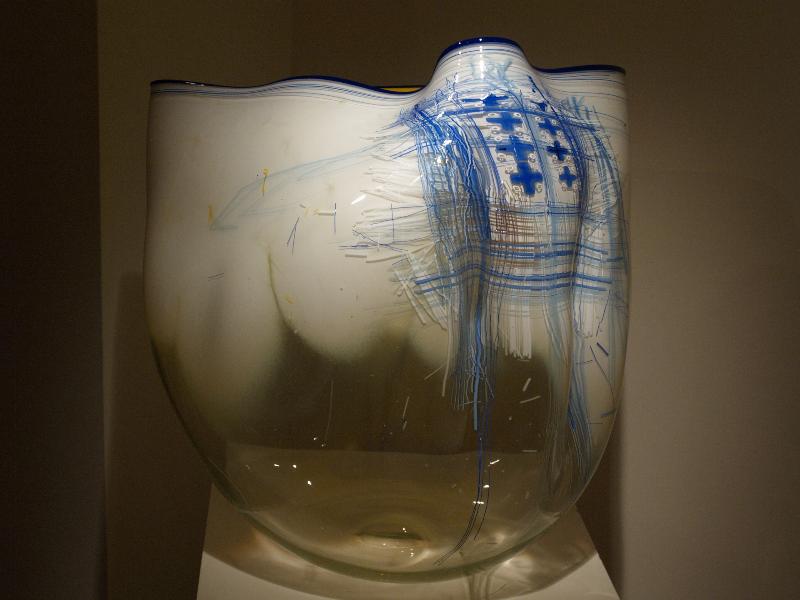 London, England: New Bond Street, Halcyon Gallery: Maize White Soft Cylinder with Cobalt Lip Wrap (glass artist Dale Chihuly)