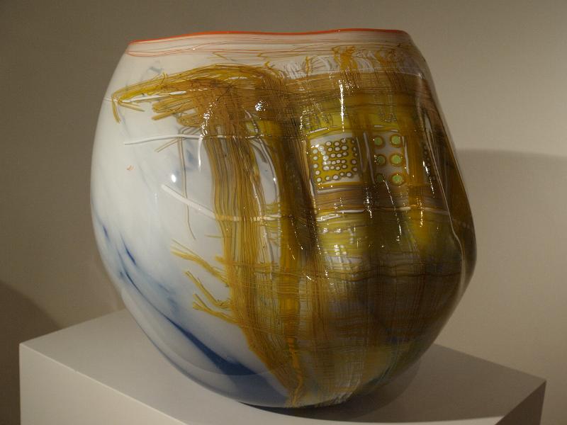 London, England: New Bond Street, Halcyon Gallery: Indigo White Soft Cylinder with Autumn Lip Wrap (glass artist Dale Chihuly)