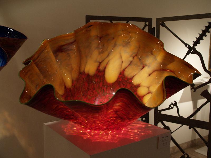 London, England: New Bond Street, Halcyon Gallery: Tangerine Macchia with Meadow Green Lip Wrap (glass artist Dale Chihuly)