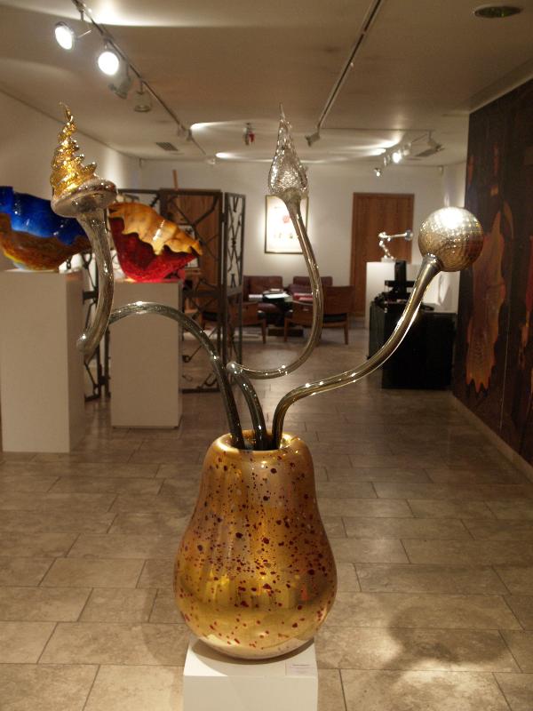 London, England: New Bond Street, Halcyon Gallery: Silvered Speckled Topaz Ikebana with Metallic Stems (glass artist Dale Chihuly)