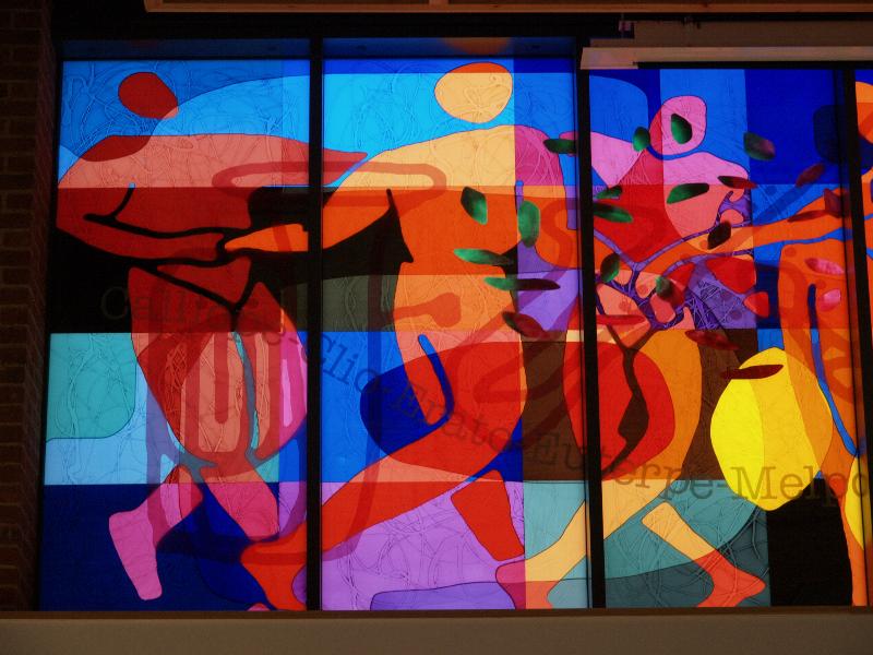 Cambridge, England: Coleridge Community College: The 9 Muses, left section (2013, artist Martin Donlin)