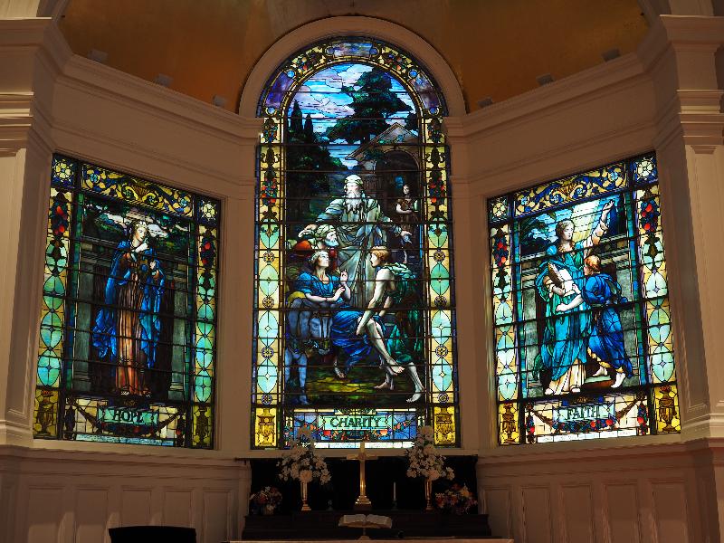 Utica, New York (NY): Tompkins Memorial Chapel (Masonic Care Community): Hope, Charity and Faith (1911, Gorham, designed by Frederick Wilson and Edward B. Herrick)