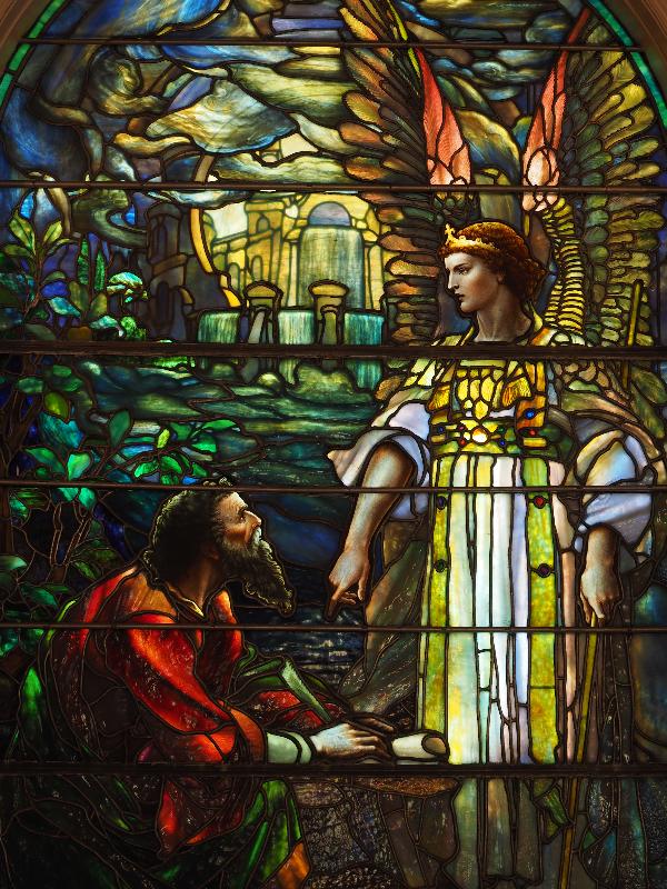 Utica, New York (NY): Tompkins Memorial Chapel (Masonic Care Community): John of Patmos and Angel (1912, Gorham, designed by Frederick Wilson)