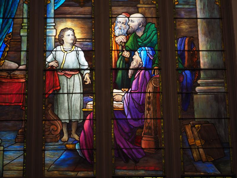 East Aurora, New York (NY): Baker Memorial United Methodist Church: Christ in the Temple with the Elders (1928, Tiffany Studios)