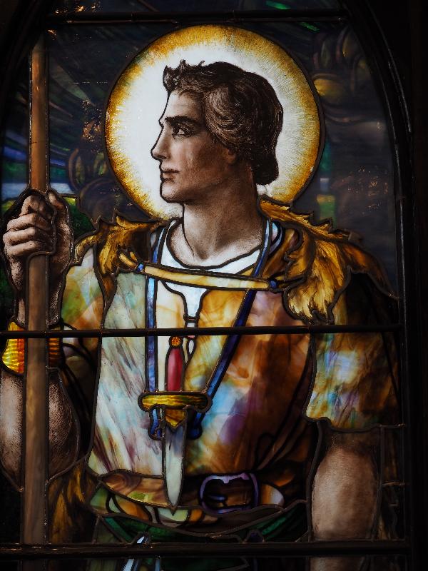 Horseheads, New York (NY): First Presbyterian Church: Moses window, soldier (1905, David and Helen Maitland Armstrong)