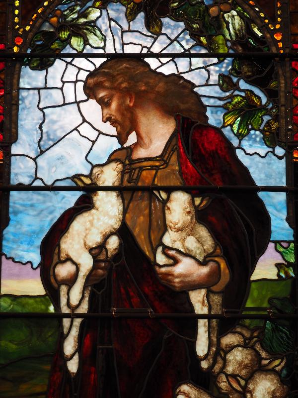 Horseheads, New York (NY): First Presbyterian Church: Good Shepherd window, Christ (1888, Tiffany Glass)