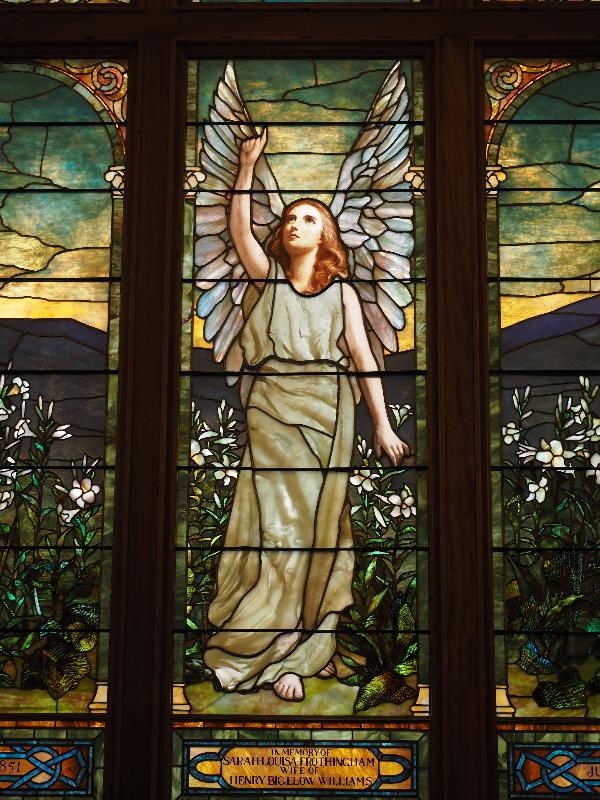 Amherst, Massachusetts (MA): Unitarian Universalist Society of Amherst: Angel of The Lilies (1890, Tiffany Glass, originally in All Souls Unitarian Church in Roxbury, MA, moved here in 1925)