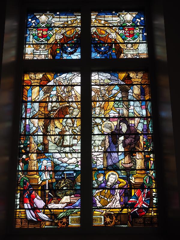 Cambridge, England: St Catharine's College: chapel, WWI (Great War) memorial window (1923, artist Leonard Pownell)