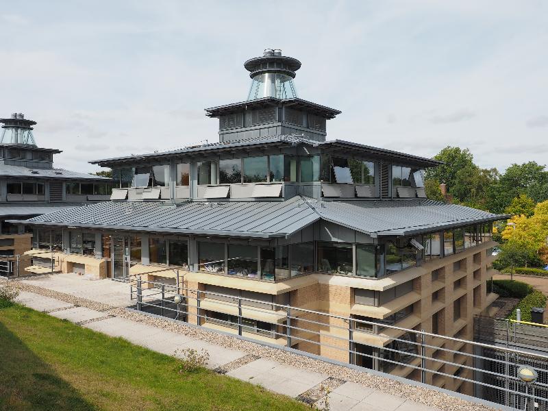 Cambridge, England: Centre for Mathematical Sciences: Pavilion C from roof of Pavilion A