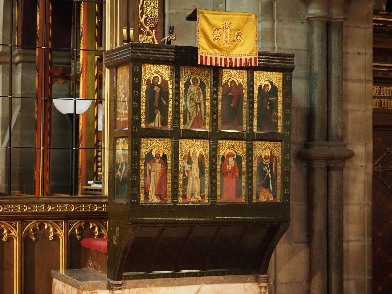 Scarborough, England: St Martin-on-the-Hill: pulpit (1862 and 1873, panels painted by George Campfield to designs by Ford Madox Brown and William Morris)