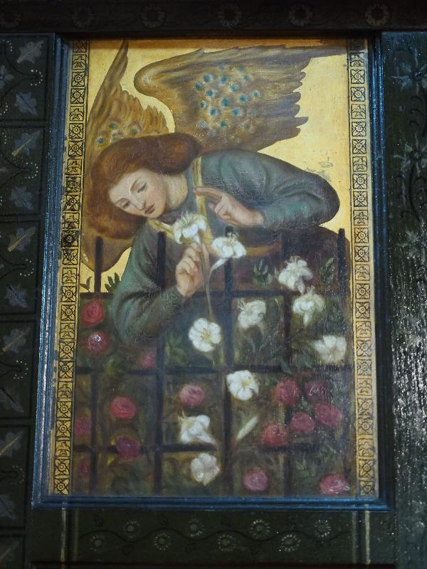 Scarborough, England: St Martin-on-the-Hill: pulpit panel, Annunciation, Gabriel (1862, Dante Gabriel Rossetti)
