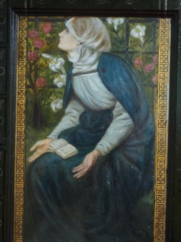 Scarborough, England: St Martin-on-the-Hill: pulpit panel, Annunciation, Mary (1862, Dante Gabriel Rossetti)
