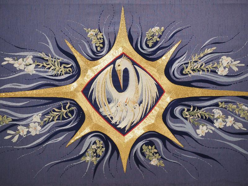 Cambridge, England: Corpus Christi College: chapel, altar frontal (probably 1980s or 1990s, embroiderer Clarissa Robinson)