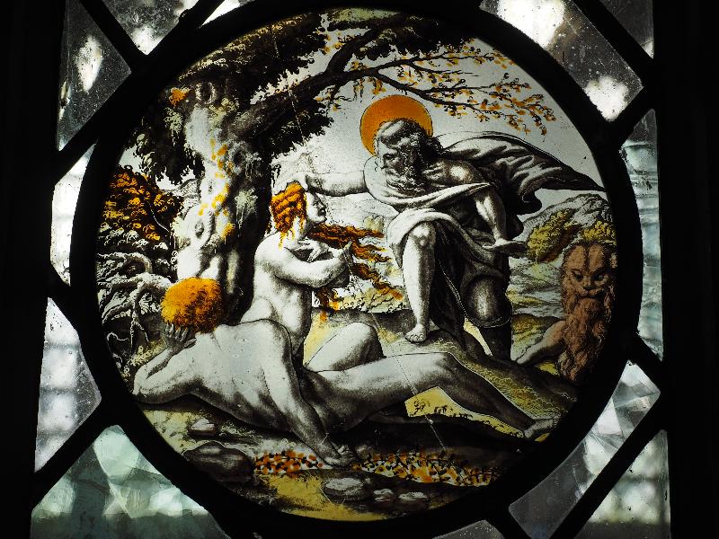 Cambridge, England: King's College: chapel small interior stained glass window (16th century Flemish?)