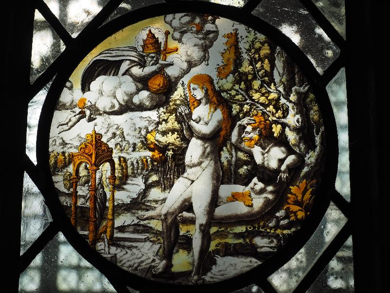 Cambridge, England: King's College: chapel small interior stained glass window (16th century Flemish?)