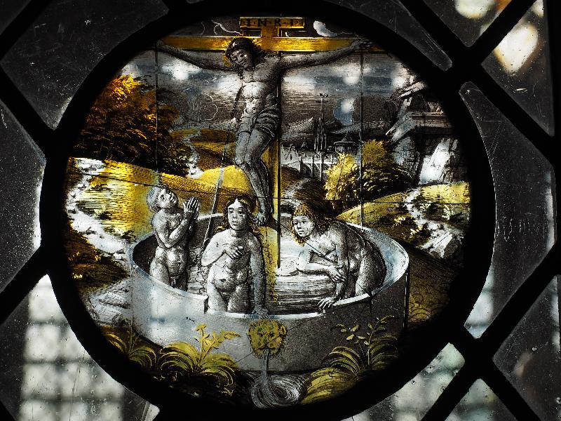 Cambridge, England: King's College: chapel, Crucifixion window (16th century Flemish?)