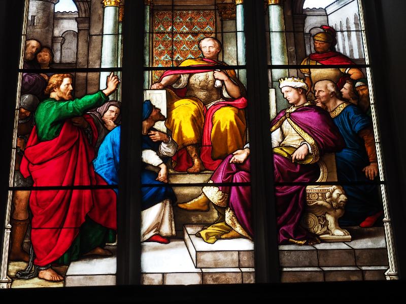 Cambridge, England: Peterhouse: chapel stained glass window, St Paul before Felix  (1850s, overall design by Max Emanuel Ainmiller, figures largely work of Claudius Schraudolph and Heinrich von Hess, Royal School of Glass Painting, Munich)
