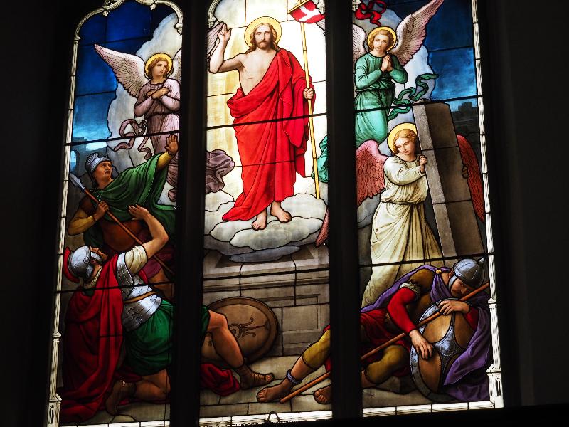 Cambridge, England: Peterhouse: chapel stained glass window, Resurrection (1850s, overall design by Max Emanuel Ainmiller, figures largely work of Claudius Schraudolph and Heinrich von Hess, Royal School of Glass Painting, Munich)