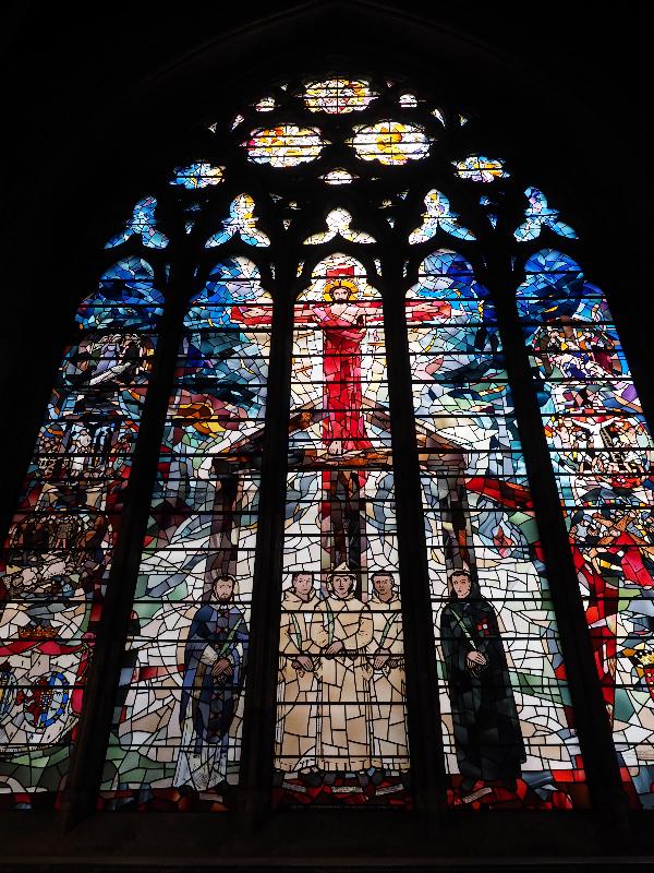 London, England: Chapel of St Etheldreda: west window, English Martyrs (1964, Charles Blakeman)