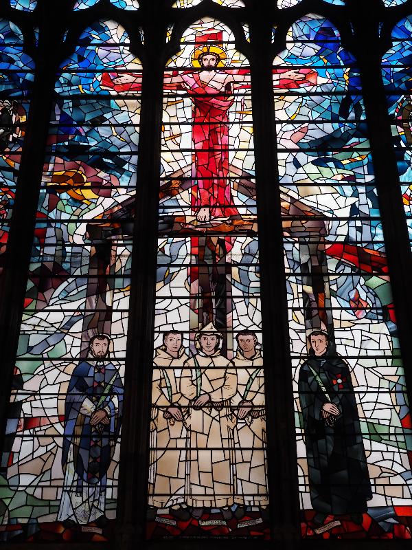 London, England: Chapel of St Etheldreda: west window, English Martyrs, detail (1964, Charles Blakeman)