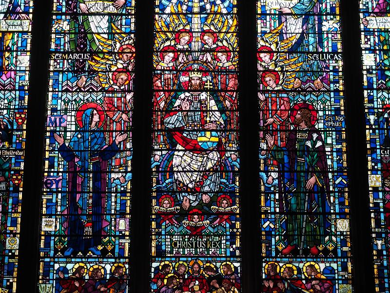 London, England: Chapel of St Etheldreda: east window, Christus Rex, detail (1952, Edward Nuttgens)