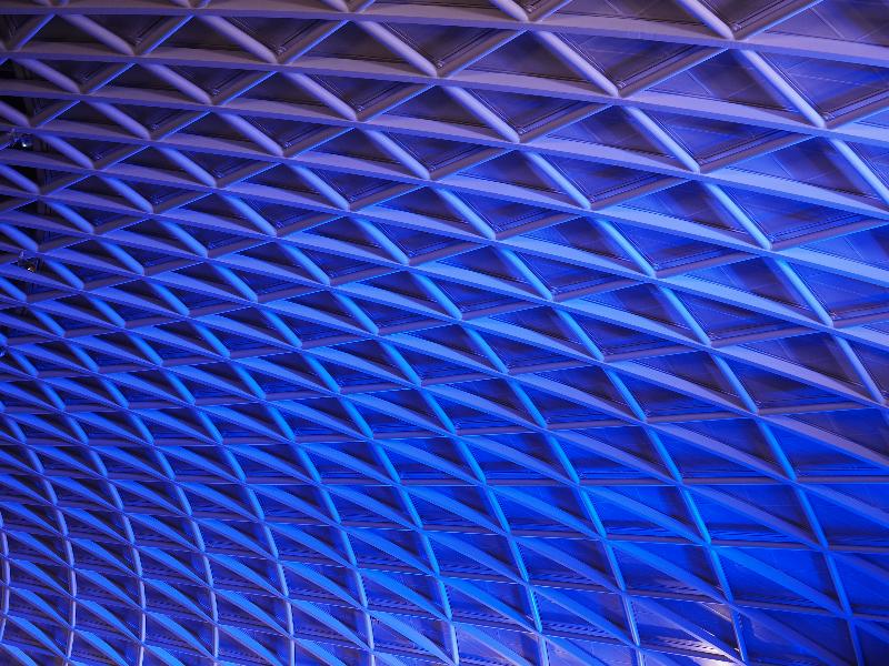 London, England: King's Cross: entrance hall roof, purple (2009-2012, architect John McAslan and Partners, engineer Arup)