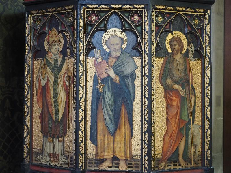 Cambridge, England: All Saints' Church: pulpit panel, St John the Baptist (1875, Wyndham Hope Hughes)