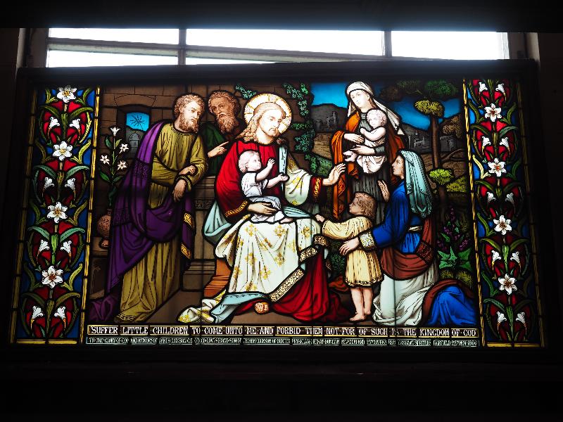 Buxton, England: Parish Church of St John the Baptist: Christ Blessing Children (ca. 1876), baptistry