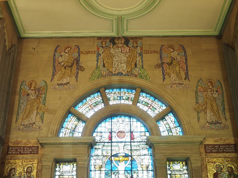 Buxton, England: Parish Church of St John the Baptist: chancel mosaic (1902 and 1936, Whitefriars Glass Works)