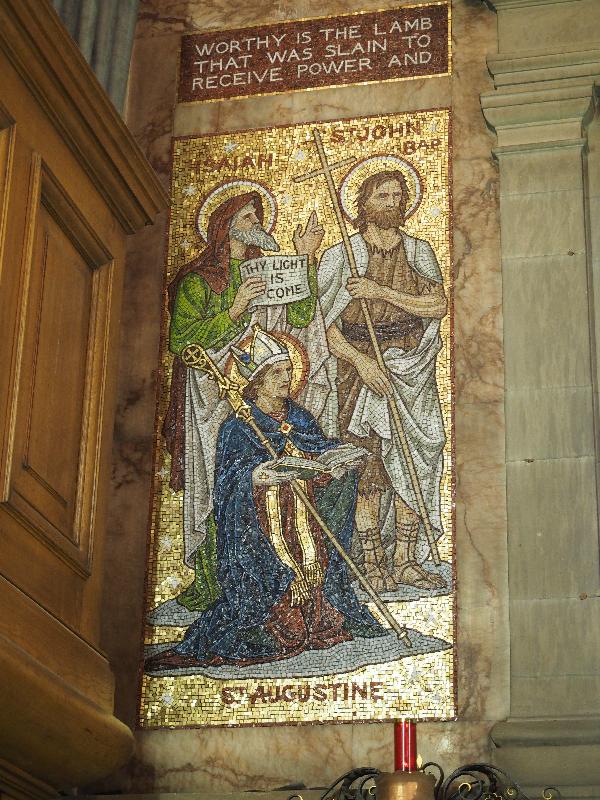 Buxton, England: Parish Church of St John the Baptist: Isaiah, St John the Baptist and St Augustine (1902, Whitefriars Glass Works)