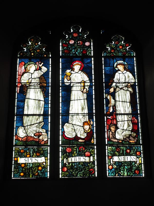 Cambridge, England: Jesus College: Hope, Faith and Charity (1870s, made by William Morris)