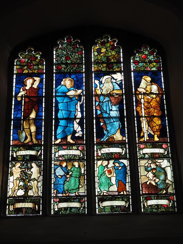 Cambridge, England: Jesus College: biblical figures (Adam, Enoch, Noah and Abram) (1870s, made by William Morris)