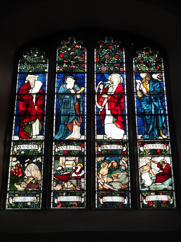 Cambridge, England: Jesus College: biblical figures (Moses, Samuel, David and Solomon) (1870s, made by William Morris)