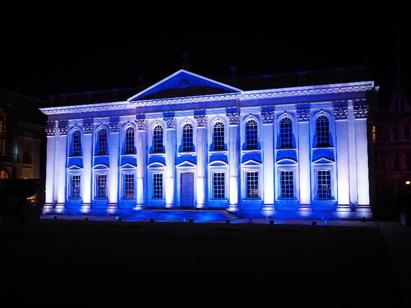 Cambridge, England: Senate House: blue light (eLuminate Cambridge Festival, Connecting Lights)