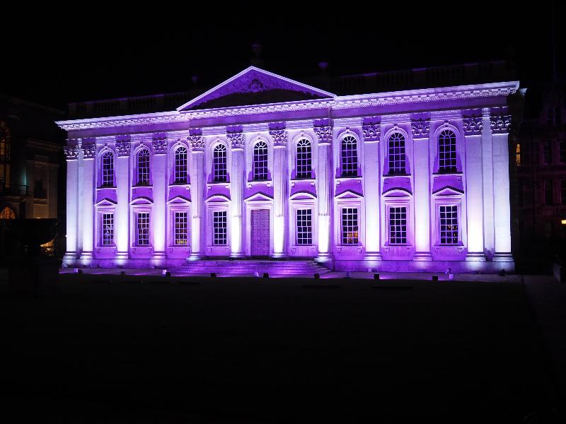 Cambridge, England: Senate House: purple light (eLuminate Cambridge Festival, Connecting Lights)