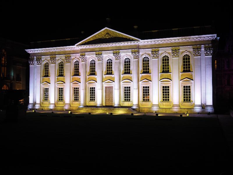 Cambridge, England: Senate House: yellow light (eLuminate Cambridge Festival, Connecting Lights)