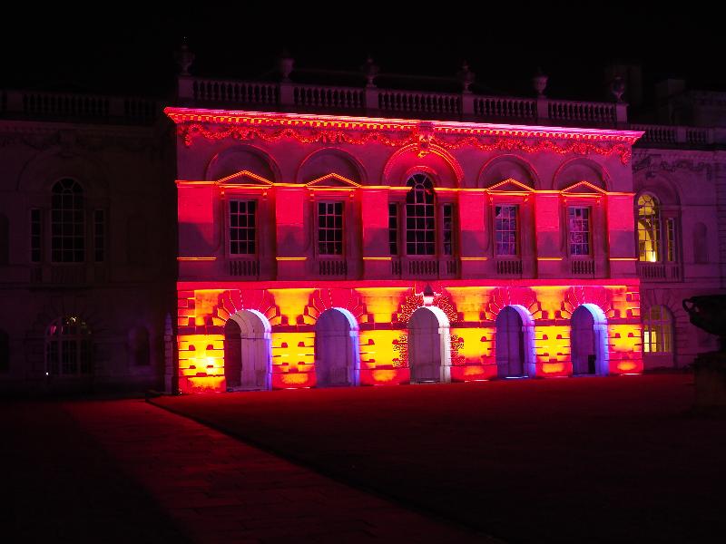 Cambridge, England: Old Schools: red/yellow light (eLuminate Cambridge Festival, Connecting Lights)