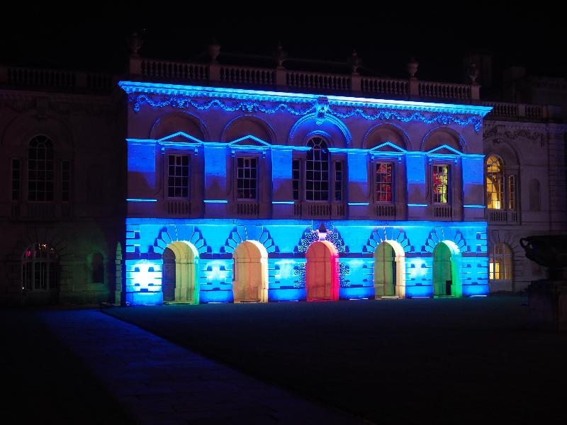 Cambridge, England: Old Schools: blue light (eLuminate Cambridge Festival, Connecting Lights)