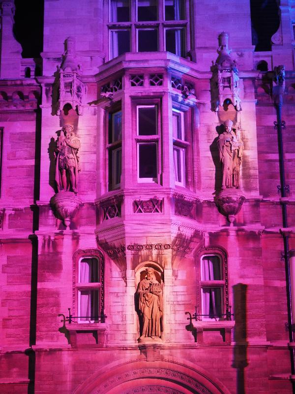 Cambridge, England: Gonville and Caius College: purple light (eLuminate Cambridge Festival, Connecting Lights)