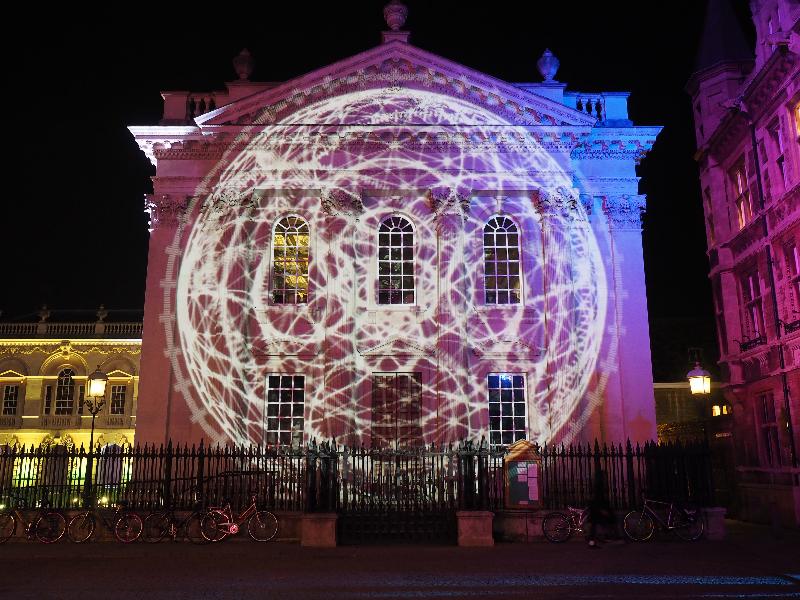 Cambridge, England: Senate House: geometric pattern (eLuminate Cambridge Festival, Connecting Lights)