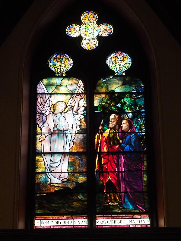 Pittsfield, Massachusetts (MA): First Church of Christ: Martin Memorial Window, Angel and Pilgrims (1891, Tiffany)