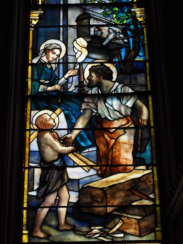 Troy, New York (NY): St Joseph's Church: Brearton Memorial Window, Jesus in the Workshop at Nazareth (1901, Tiffany Studios)