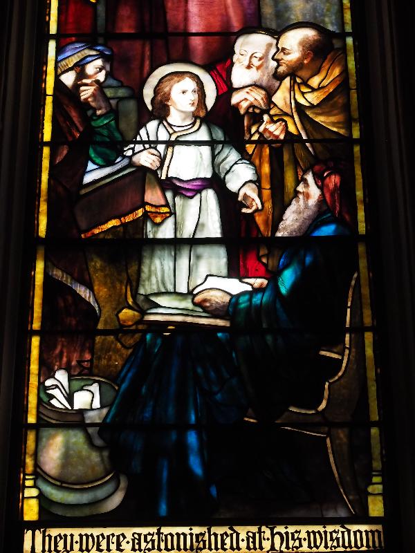 Troy, New York (NY): St Joseph's Church: Green Memorial Window, Jesus in the Midst of the Doctors (1901, Tiffany Studios)