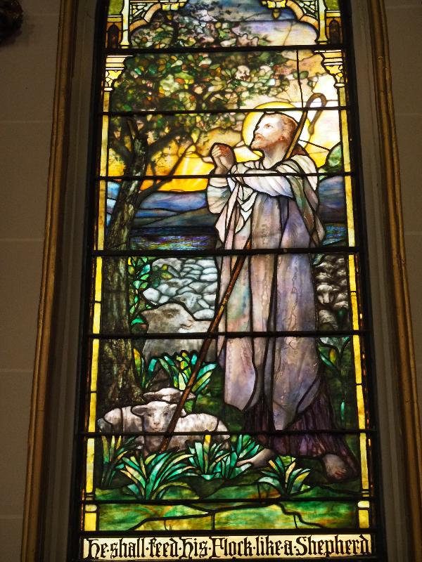 Troy, New York (NY): St Joseph's Church: McDermott Memorial Window, Jesus the Good Shepherd (probably Frederick Wilson, 1901, Tiffany Studios)