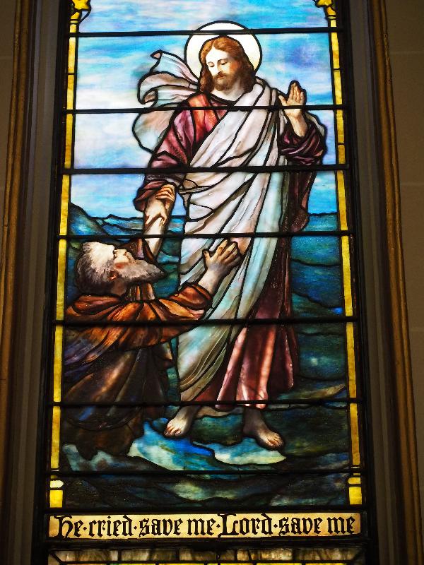 Troy, New York (NY): St Joseph's Church: Gilfoy Memorial Window, Jesus saving St. Peter on the waves (1901, Tiffany Studios)