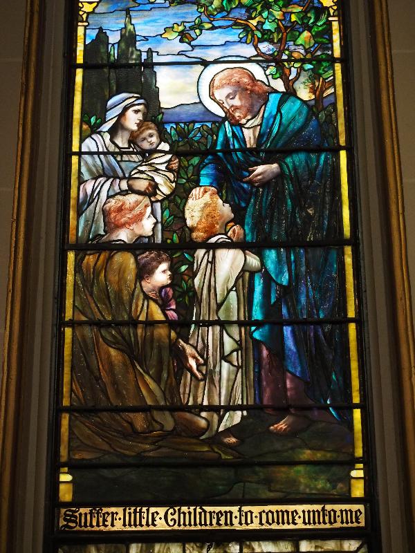 Troy, New York (NY): St Joseph's Church: Mitchell Memorial Window, Jesus Blessing Little Children (probably Frederick Wilson, 1901, Tiffany Studios)