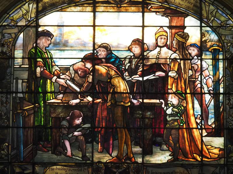 Troy, New York (NY): Troy Public Library: Hart Memorial Window, The House of Aldus (Frederick Wilson, 1897, Tiffany Glass and Decorating Company)