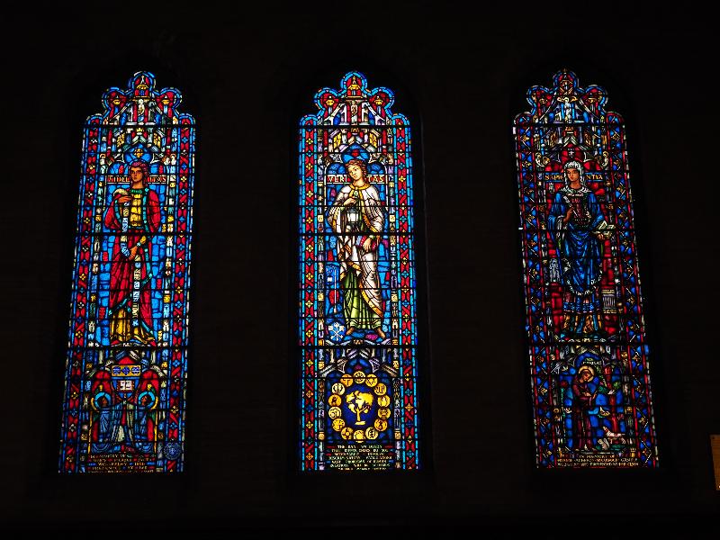 Wellesley, Massachusetts (MA): Wellesley College, Houghton Chapel: Fidelitas (1925, Reynolds, Francis, and Rohnstock), Veritas (2012, Serpentino Stained Glass Studio, with consultant Arthur Femenella) and Sapientia (1939, Reynolds, Francis, and Rohnstock)